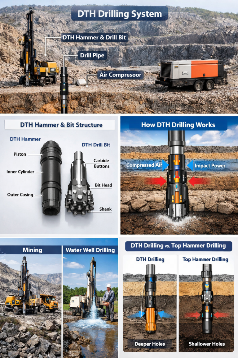 DTH drilling system showing DTH hammer, drill bit and air compressor for rock drilling